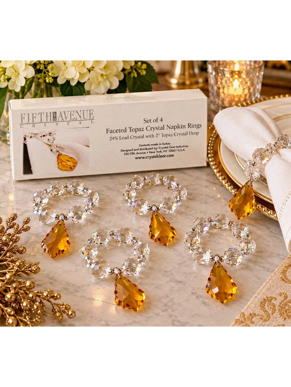 Fifth Avenue Crystal Topaz Napkin Rings Set of 4 24% Lead Crystal 2” Drops Box